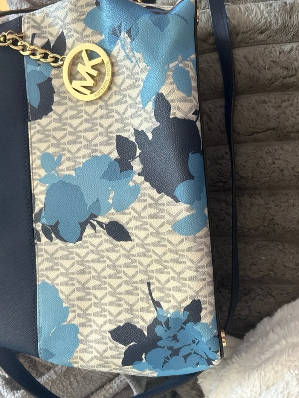 Michael Kors Blue Floral Signature Canvas Zip Tote with Gold Charm